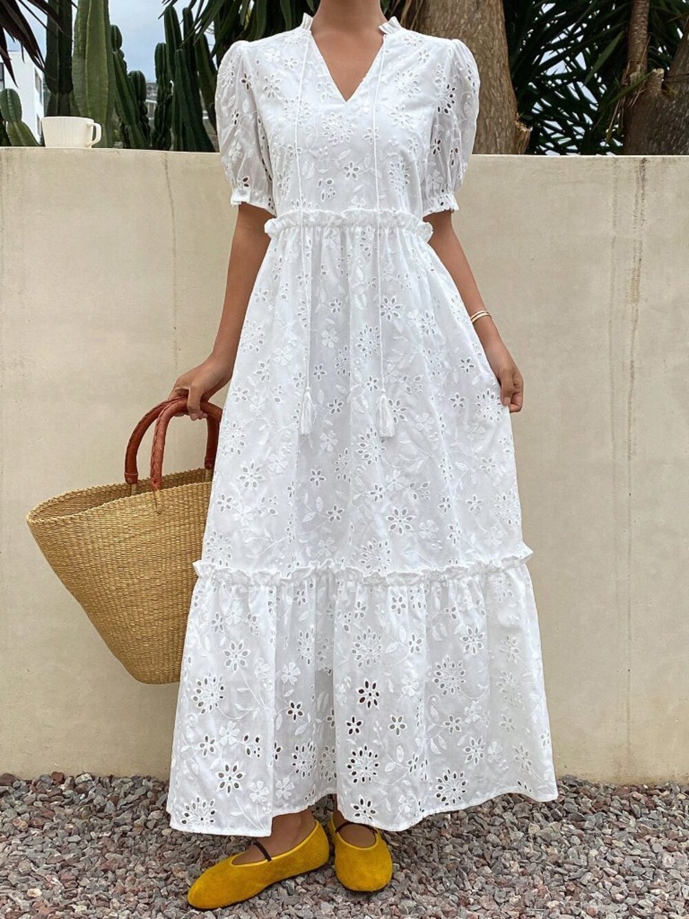 Ivory White Boho Women's Hollow Out Frill Trim Tie Waist Long Puff Sleeve Dress - Picture 5 of 7